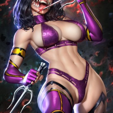 1girls, absurd res, bra, female, female only, hi res, long tongue, mileena, mortal kombat, neoartcore, open mouth, panties, realistic, sai (weapon), solo
