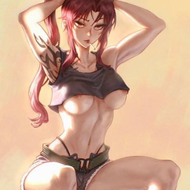 amber eyes, belly, black lagoon, brown hair, cigarette, crop top, debirudude, large breasts, long hair, looking at viewer, revy, short shorts, tattoo, thong, underboob