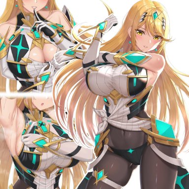 1girls, armpits, blonde hair, cleavage, exposed cleavage, legwear, mythra, nintendo, panties, panties under pantyhose, pantyhose, solo, solo female, sssemiii, stretching