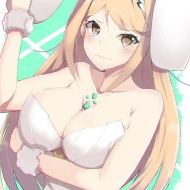 1girls, blonde hair, bunny ears, bunnysuit, cleavage, embarrassed, female, female only, fishnets, gold eyes, jonylaser, mythra, solo female, source request, xenoblade (series)