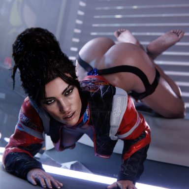 1girls, 3d, 3d (artwork), arched back, ass up, barefoot, blender, bottomless, bubble butt, cd projekt red, crossed feet, cyberpunk 2077, dark hair, dark skin, dark-skinned female