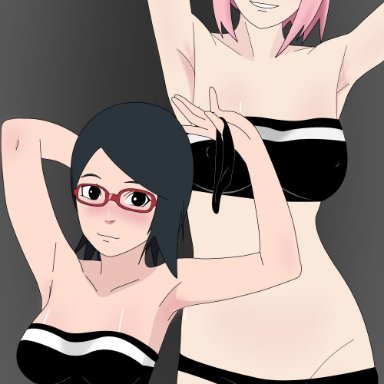 2girls, age difference, armpits, arms up, black eyes, black hair, blush, boruto: naruto next generations, breasts, cameltoe, convenient censoring, daughter, facial mark, female, female only