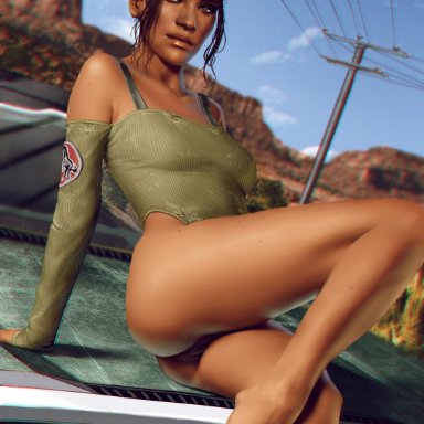 1girls, barefoot, bottomless, brown eyes, brown hair, cd projekt red, cyberpunk 2077, panam palmer, pussy, vagina, viiperart