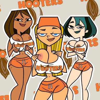3girls, big breasts, breasts, busty, courtney (tdi), ellissummer, erect nipples, goth, gwen (tdi), hooters uniform, hornyhobbit, hourglass figure, large breasts, lindsay (total drama), looking at viewer