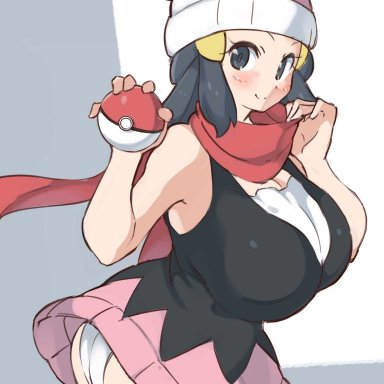 1girls, alternate breast size, big breasts, blue eyes, blue hair, blush, breasts, cleavage, clothed, clothed female, dawn (pokemon), eyelashes, female, female only, hat