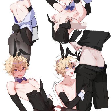 2boys, ahe gao, ass, bishounen, blonde hair, blue eyes, crossdressing, femboy, highres, hwansang jungdog, multiple boys, nipple tweak, nipples, original, otoko no ko