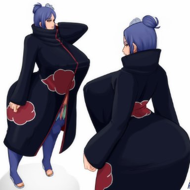 1girls, akatsuki (naruto), arched back, ass, back view, bbw, big ass, big breasts, blue hair, bottomless, breasts, cloak, condom, condom belt, erect nipples