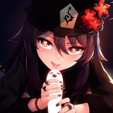 :p, bangs, black headwear, black nails, blush, brown hair, commentary, eyebrows visible through hair, eyes visible through hair, female, fingernails, flower, flower-shaped pupils, genshin impact, hair between eyes