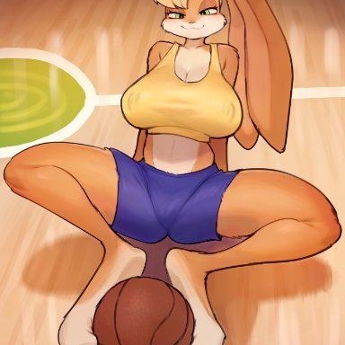 :3, animal humanoid, bebebebebe, big breasts, blonde fur, blonde hair, bunny ears, bunny tail, inax, lola bunny, looking at viewer, looking back, pussy, space jam, warner brothers