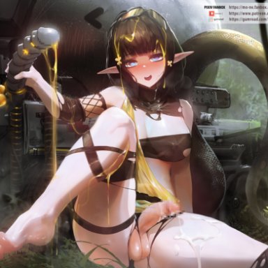 1futa, after masturbation, arknights, balls, bangs, black hair, blue eyes, blush, breasts, censored, clothed, clothing, covered nipples, cum, cum on body