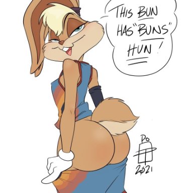 anthro, ass, basketball, basketball shorts, bunny ears, bunny tail, callmepo, gloves, lola bunny, looking at viewer, looking back, looney tunes, shorts, shorts down, space jam