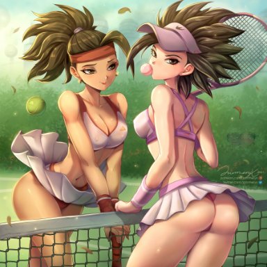 2girls, big ass, big butt, bubble ass, bubble butt, bubble gum, caulifla, dragon ball, dragon ball super, jammeryx, kale, looking at partner, looking at viewer, looking back, shounen jump