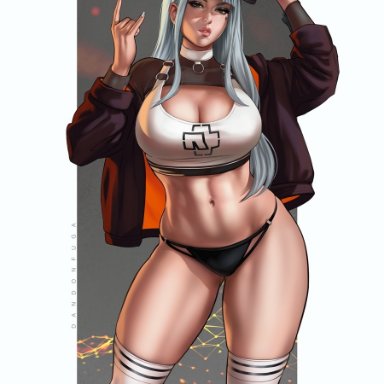 1girls, abs, bangs, bare midriff, big breasts, cap, child bearing hips, choker, cleavage, crop top, dandon fuga, freckles, grey hair, heart tattoo, jacket