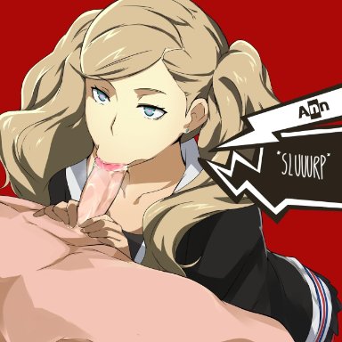 :>=, 1boy, ann takamaki, bangs, black hoodie, black skirt, blonde hair, blue eyes, cafekun, character name, clothed female nude male, cum, cum in mouth, earrings, fellatio