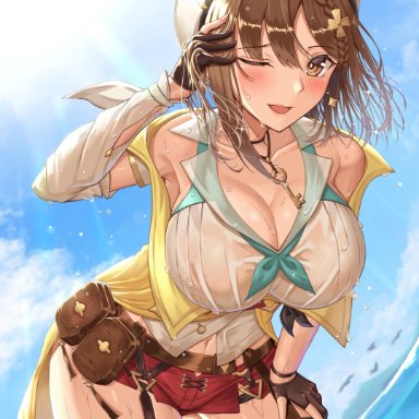 1girls, atelier (series), atelier ryza, atelier ryza 2, brown hair, cleavage, clothed, female, fully clothed, hat, one eye closed, reisalin stout, see-through, shorts, solo