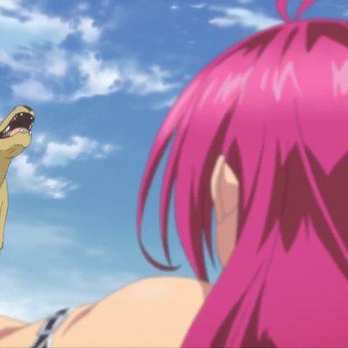 16:9 aspect ratio, 1animal, 1girls, ahoge, animated, arm strap, assisted exposure, bikini, bikini top removed, bikini warriors, blush, breast licking, breasts, cleavage, collar