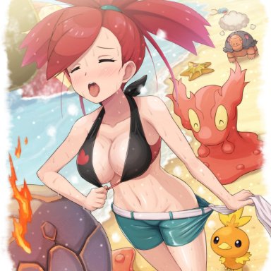 1girls, adjusting clothes, beach, belly button, bikini shorts, bra, breasts, cleavage, closed eyes, collarbone, female, flannery (pokemon), gym leader, hips, midriff