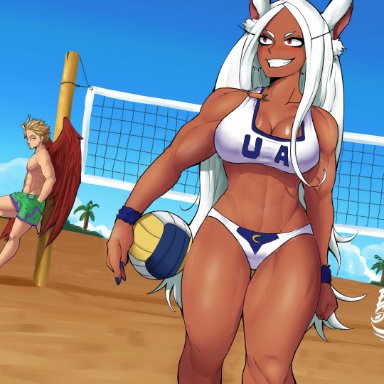 1girls, beach, beach ball, big breasts, bunny ears, cleavage, dark skin, dark-skinned female, echosaber, female, female focus, hawks (my hero academia), keigo takami, large breasts, long hair