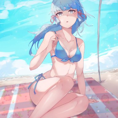 1girls, absurd res, arm support, ayaka (genshin impact), bare arms, bare legs, bare shoulders, beach, beauty mark, bikini, bikini top, blue eyes, blue hair, breasts, calves