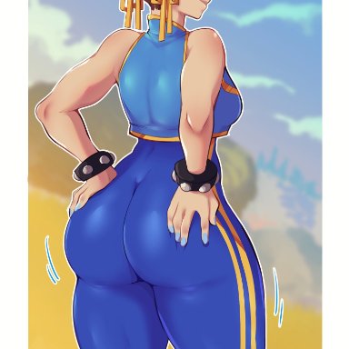 1girls, ass, back, big ass, big butt, blue nail polish, blue nails, bracelet, breasts, bubble butt, chikkibug, chun-li, clothed, curvy, grin