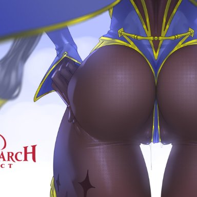 ass, black legwear, blue leotard, bodystocking, bodysuit, bodysuit under clothes, female, from behind, genshin impact, highres, huge ass, leotard, mage, mona (genshin impact), xbost