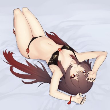 brown hair, female, female only, genshin impact, hu tao, hu tao (genshin impact), lingerie, long hair, lying on back, red eyes, small breasts, smile, socks, the atko, theatko