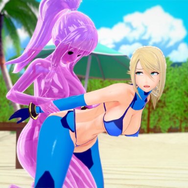 beach, doggy style, samus aran, slime girl, zero suit samus