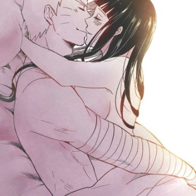 1boy, 1girls, after sex, blonde hair, blush, breasts, canon couple, closed eyes, couch, duo, female, holding, hugging, husband and wife, hyuuga hinata