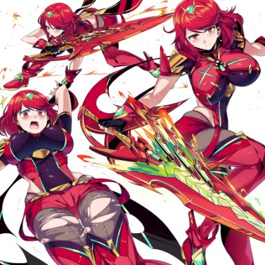 clothed, fire, multiple positions, nintendo, pyra, red eyes, red hair, ripped stockings, short shorts, suzusiigasuki, sword, tagme, xenoblade (series), xenoblade chronicles 2