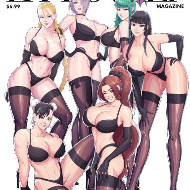 6girls, breasts, cammy white, chun-li, colored, colored hair, darkstalkers, dead or alive, female, female only, gloves, isabella valentine, king of fighters, large breasts, magazine