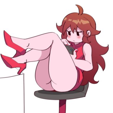 big ass, brown hair, chair, feet on table, friday night funkin, girlfriend (friday night funkin), legs up, long hair, long legs, looking down, phone, red dress, shoes, shy, sitting