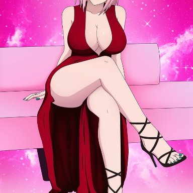 big breasts, feet, female, female only, green eyes, high heels, nail polish, naruto, naruto (series), pink hair, sakura haruno, solo