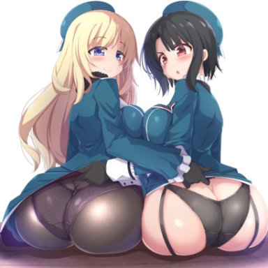 2girls, ass, assisted exposure, atago (kantai collection), black hair, black panties, blonde hair, blue eyes, blue skirt, blush, breast press, breasts, butt crack, garter straps, grey panties