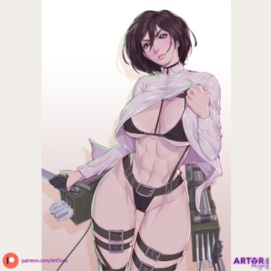 3d maneuver gear, abs, arttoru, attack on titan, big breasts, black eyes, black hair, blush, large breasts, lifting clothing, mikasa ackerman, muscular, muscular female, short hair, string bikini