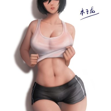 artist request, attack on titan, black hair, breasts, brown eyes, cleavage, female, highres, large breasts, lifted by self, lips, looking at viewer, midriff, mikasa ackerman, navel