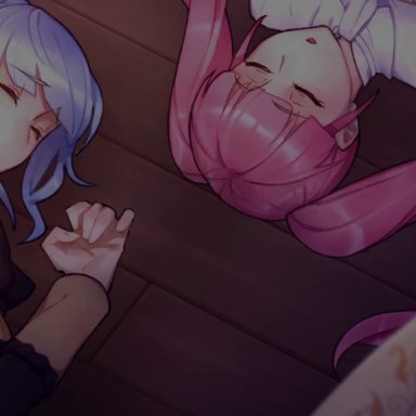 2girls, animated, bergyb, big breasts, blue hair, closed eyes, clothed sex, clothing, crying, crying with eyes open, dubious consent, exposed, exposed breasts, female focus, femsub
