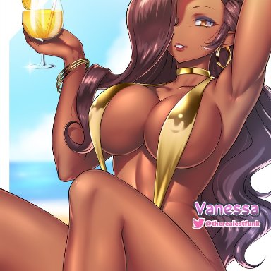 1girl, big breasts, bracelet, breasts, brown hair, choker, dark skin, dark-skinned female, drink, earrings, etchimune, female, gold jewelry, hair over one eye, holding object