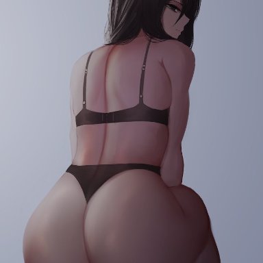 1girl, ass, attack on titan, back, back view, bare shoulders, big ass, big booty, big butt, black bra, black hair, black panties, black thong, booty, bra