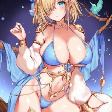 bikini, bikini armor, blonde hair, blue eyes, blush, braid, cape, choker, cleavage, elf, jewelry, large breasts, long sleeves, looking at viewer, mataro