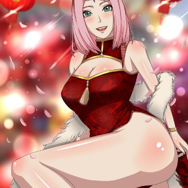 abp art, big ass, breasts, dress, female, female only, green eyes, naruto, naruto (series), pink hair, sakura haruno, shounen jump, solo