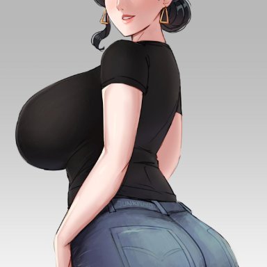 1girls, ass, black hair, breasts, denim, earrings, female, female only, green eyes, huge ass, huge breasts, jeans, junkpuyo, looking at viewer, looking back