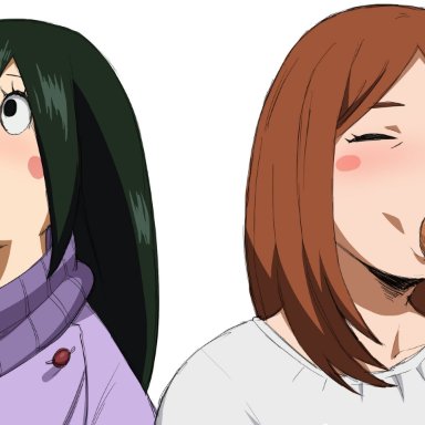 2girls, beru asui, blush stickers, brown hair, closed eyes, fellatio, green hair, milf, my hero academia, ochako's mother, oral, penis, rosy cheeks, saliva, shoganight