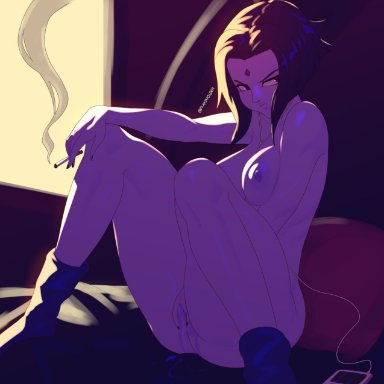 1girls, annoyed, bed, bob cut, boots, bottomless, breasts, cigarette, completely nude, dc, dc comics, demon girl, female, forehead jewel, frown