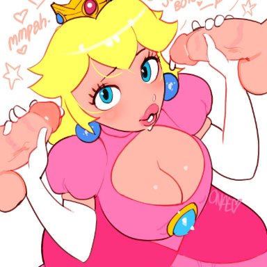 1girls, 2boys, after oral, blonde hair, blue eyes, breasts, cleavage, crown, cum, cum on face, dialogue, earrings, elbow gloves, eyelashes, faceless male