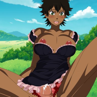 1boy, 1girl, artemisumi, black clover, brown hair, cum, dark skin, dark-skinned female, erect nipples, green eyes, large dick, laying down, maid uniform, medium breasts, nipples