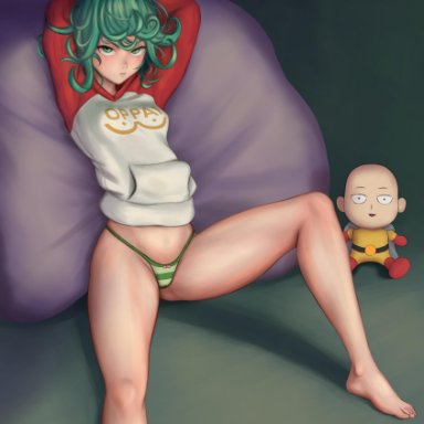 arms behind head, barefoot, bow panties, green eyes, green hair, green panties, green striped panties, hoodie, no pants, one-punch man, oppaiserothicc, panties, sitting, striped panties, tagme