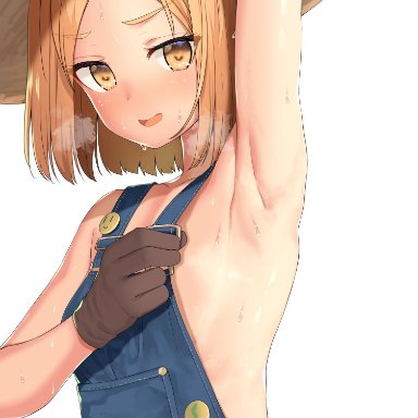 arm up, armpits, b-ginga, badge, bangs, blonde hair, brown gloves, buttons, commentary request, eyebrows visible through hair, fate (series), fate/grand order, female, flat chest, gloves