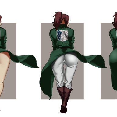 ass, attack on titan, barefoot, big ass, big butt, blush, breath, brown eyes, brown hair, clothing, feet, female, female only, glasses, glasses on head