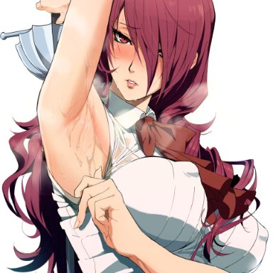 arm up, armpit, armpits, big breasts, big nipples, blush, bow, color, embarrassed, eyes half open, ishii takamori, long hair, mitsuru kirijo, nipple bulge, persona