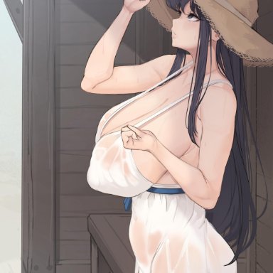 black hair, breasts, cleavage, hat, huge breasts, komi shouko, komi-san wa komyushou desu, large breasts, long hair, metal owl, tagme, wet, wet clothes, wide brim hat